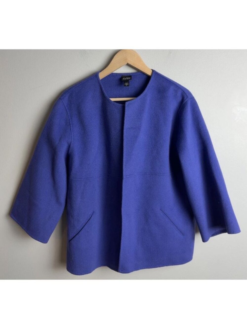 Eileen Fisher Petite Large Blue Wool Blend Open Front Jacket Pockets Women’s